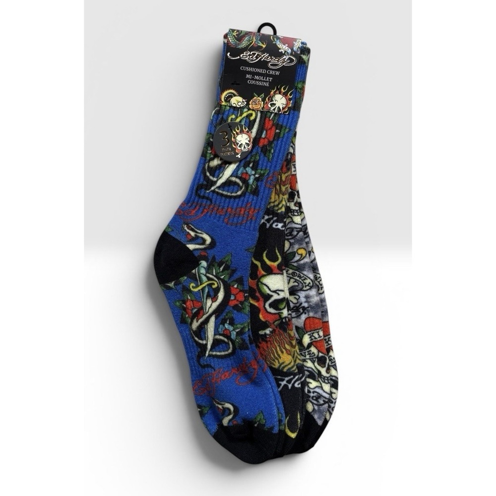 Ed Hardy Men's 3 Pairs Cushioned Crew Socks Size 6-12 Snake Skulls NWT -2050
